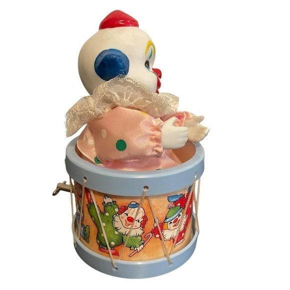 Vintage Animated Clown Music Box Circus Drum Wind Up Porcelain Pink Kitsch Toy - Picture 4 of 4